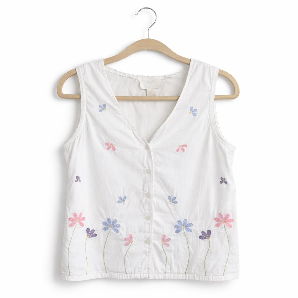 Willow Blossom Embroidered Floral Cotton Tank Top | Cottagecore | Size M